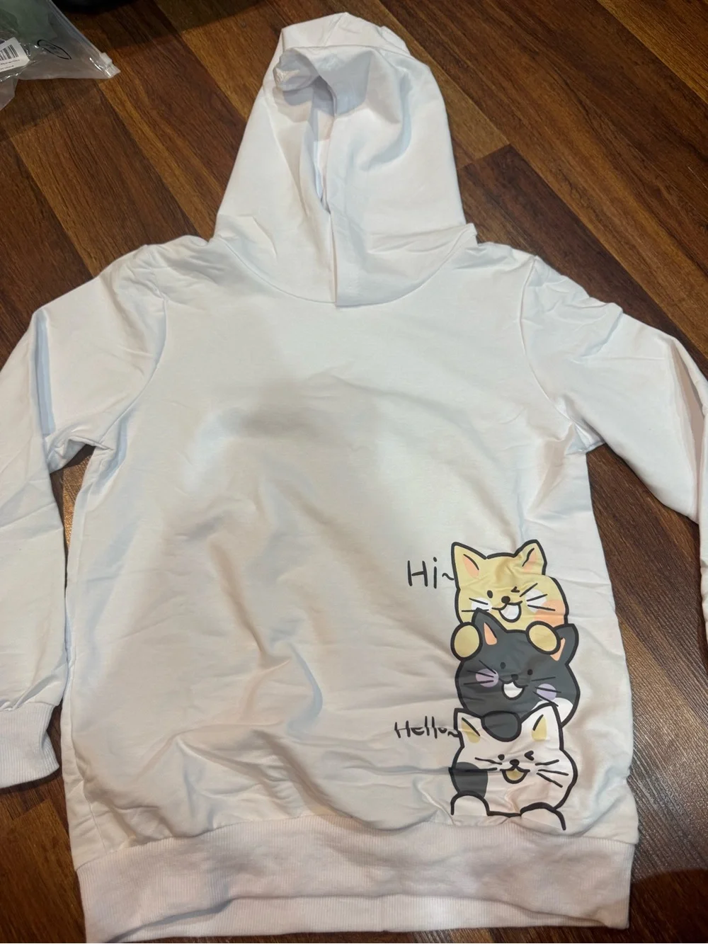 Girls White Hoodie & Black Joggers Set with Cute Cat Stack Graphic